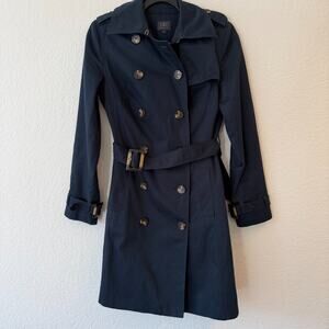 M&S Navy Blue Double Breasted Belted Trench Coat Jacket Size 8 Classic